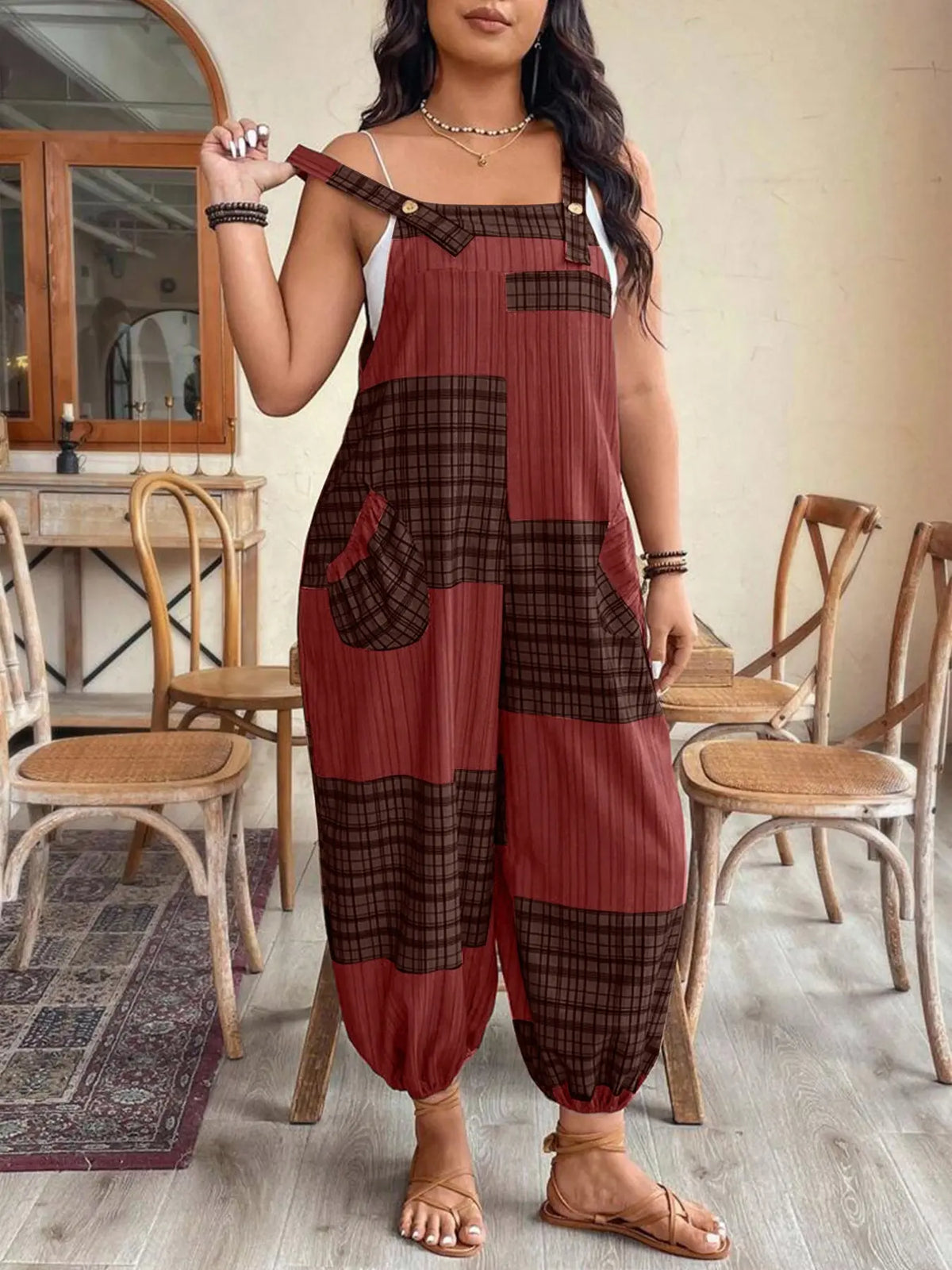 [Plus Size] Geometric Fitted Overalls Jumpsuit, Casual Comfy Sleeveless Jumpsuit for Daily Wear, Women's Plus Womenswear Clothing for All Seasons, Overall Jumpsuits