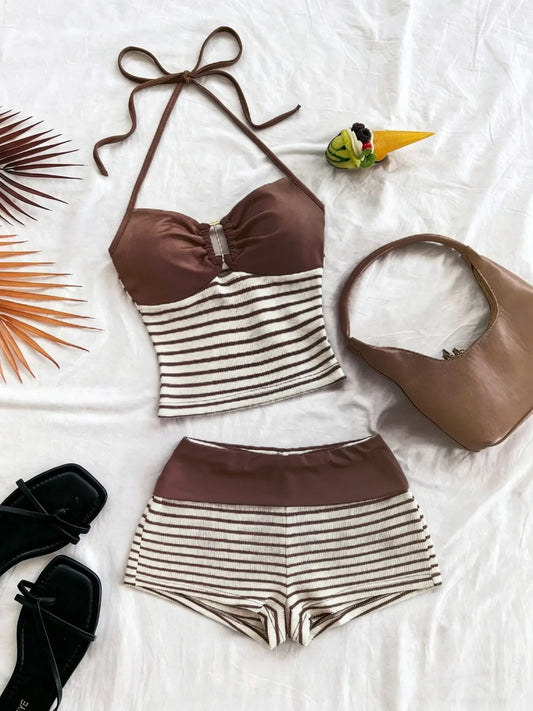 Women's 2-Piece Set Outfit Striped Halter Top and Shorts, Ribbed Fabric with Metal Decor Buckle, Perfect for Parties, Valentine's Day, Bohemian Style, Holidays