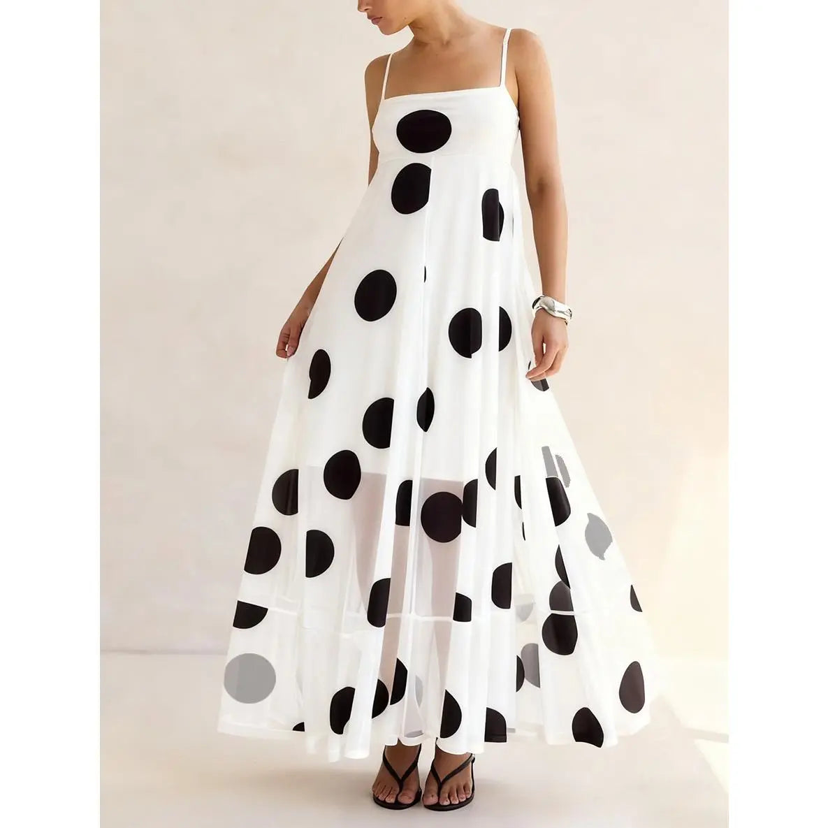Women's Polka Dot Spaghetti Strap Maxi Dress Square Neck Flowy Mesh Long Dress Casual Party Summer Sundress