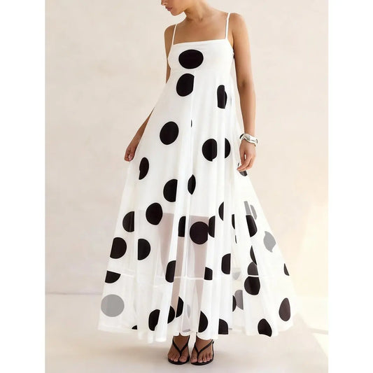 Women's Polka Dot Spaghetti Strap Maxi Dress Square Neck Flowy Mesh Long Dress Casual Party Summer Sundress