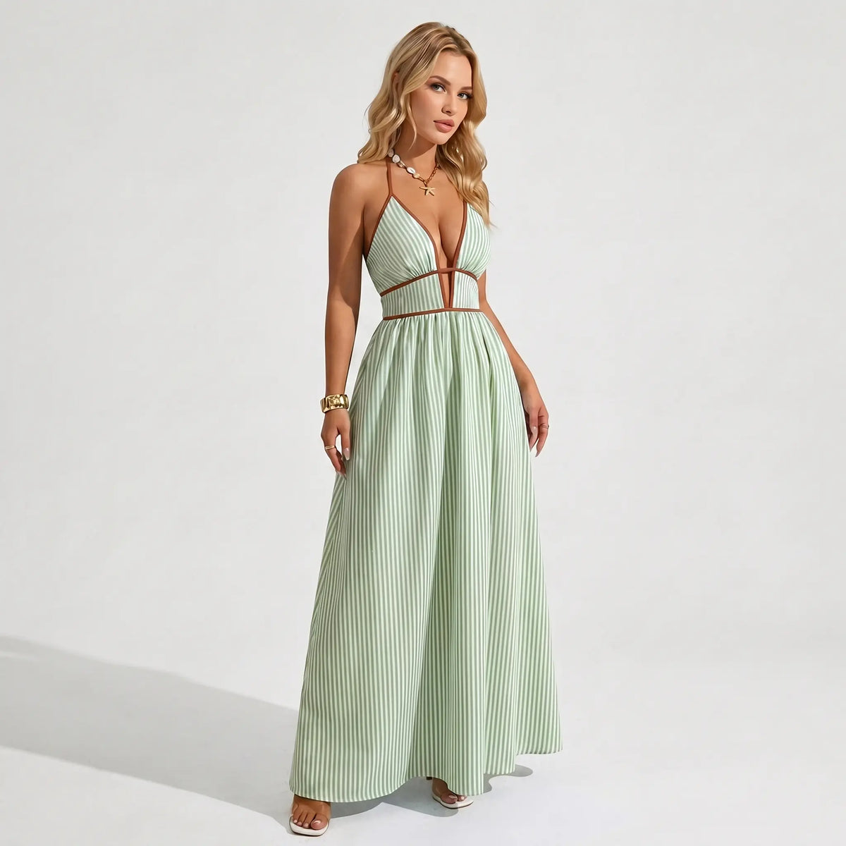 Katch Me Chic Women's Elegant Pinstripe Deep V Neckline Adjustable Halter Maxi Dress,  Summer Lightweight Dresses for Beach Holiday, Comfort Women's Clothing Vneck