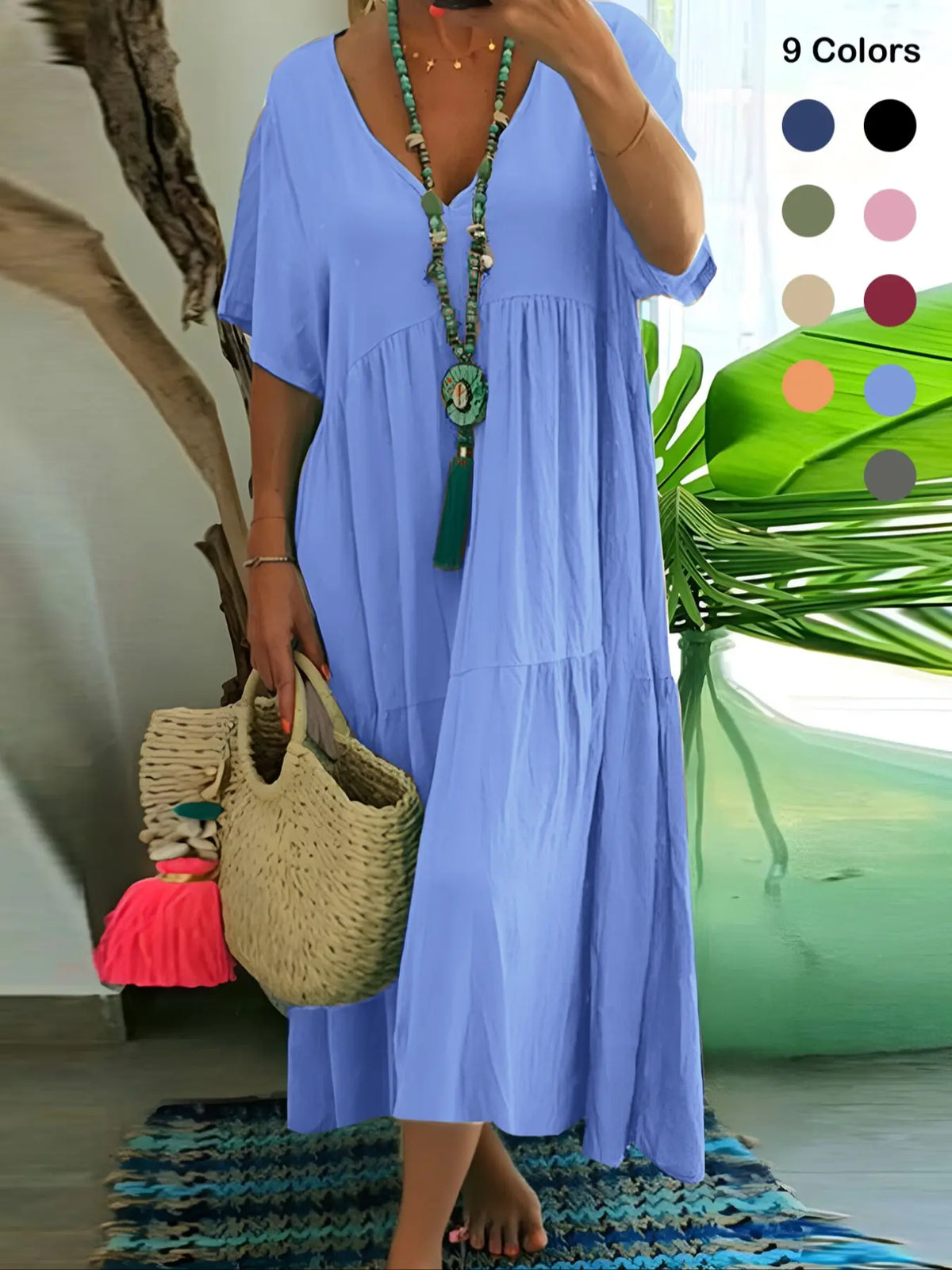 Plus Size Women's Summer Casual Loose V-Neck Plain Long Dress Bohemian Boho Style, Short Sleeve, Tiered Layer, Spring & Fall Fashion