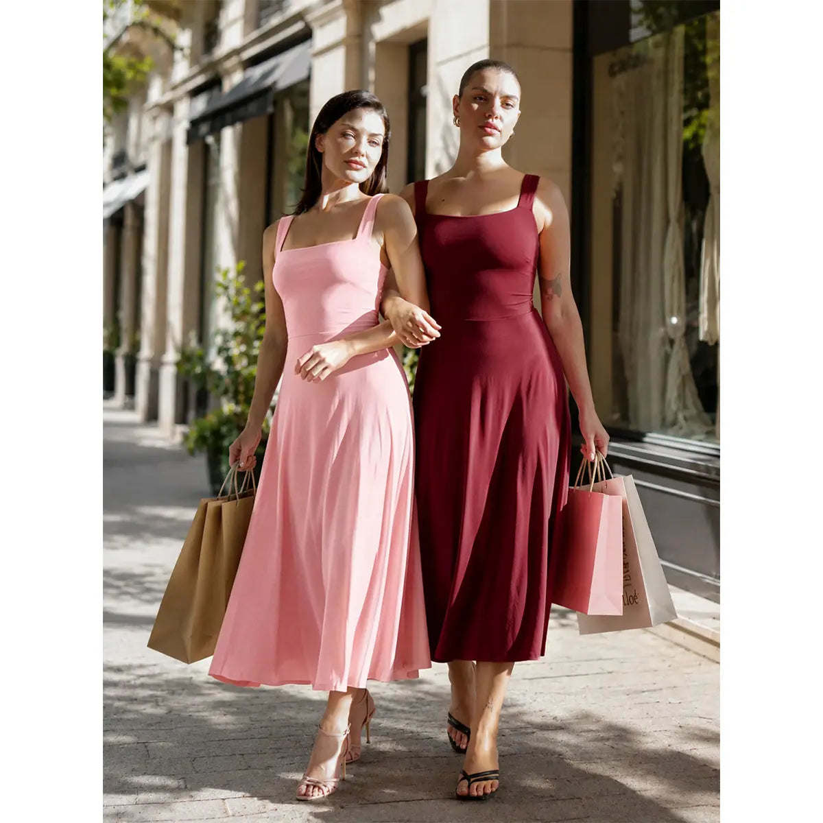 OYS Women's Casual Sleeveless Square Neck A-Line Solid Slim Flowy Long Dress with Pockets & Back Tie Detail Design