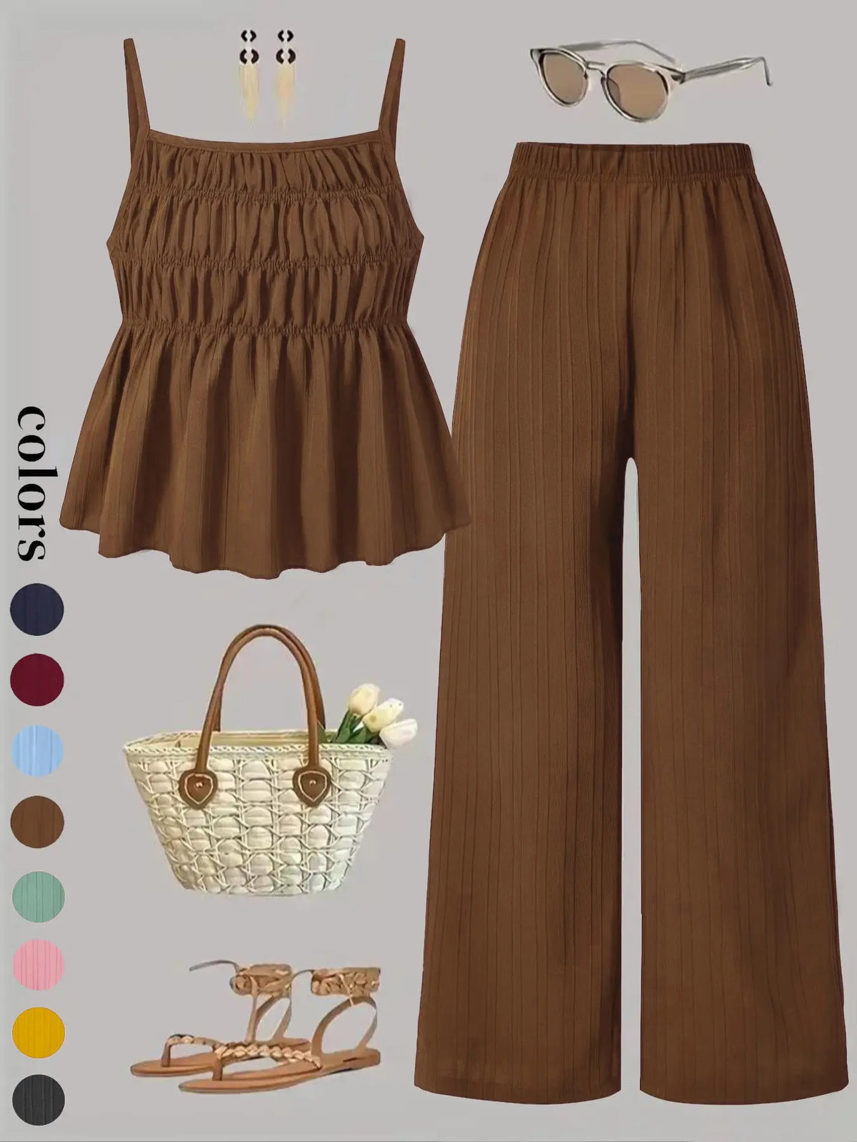 Two-Piece Set Women's Solid Color Cami Top & Wide Leg Pants Set, Street Fashion Casual Everyday Set Outfits for Daily Outdoor Wear, Ladies Clothes for All Seasons