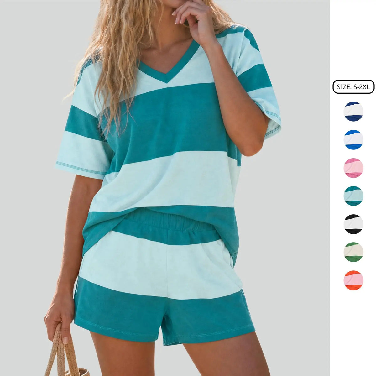 Imily Bela Womens Striped 2 Piece Lounge Set Short Sleeve V Neck Top High Waisted Elastic Shorts Casual Outfits
