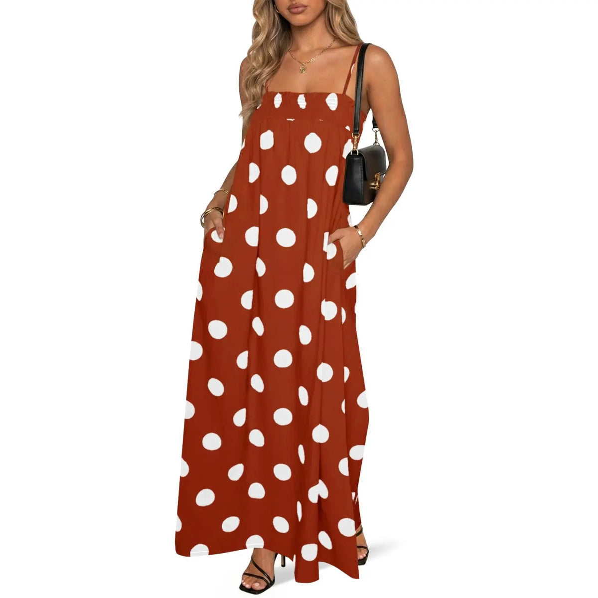 Imily Bela Womens Summer Polka Dot Maxi Dress Casual Spaghetti Strap Smocked Loose Fit Vacation Beach Dresses with Pockets
