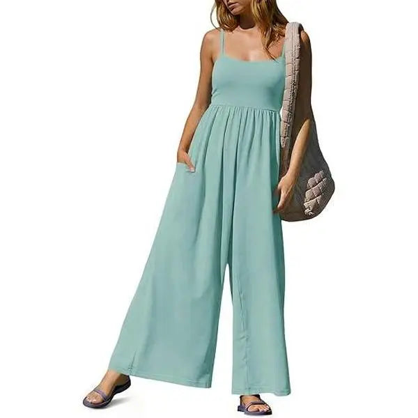 Imily Bela Womens Summer Jumpsuits One Piece Casual Loose Overalls Spaghetti Strap Wide Leg Rompers with Pockets Workout Outfits