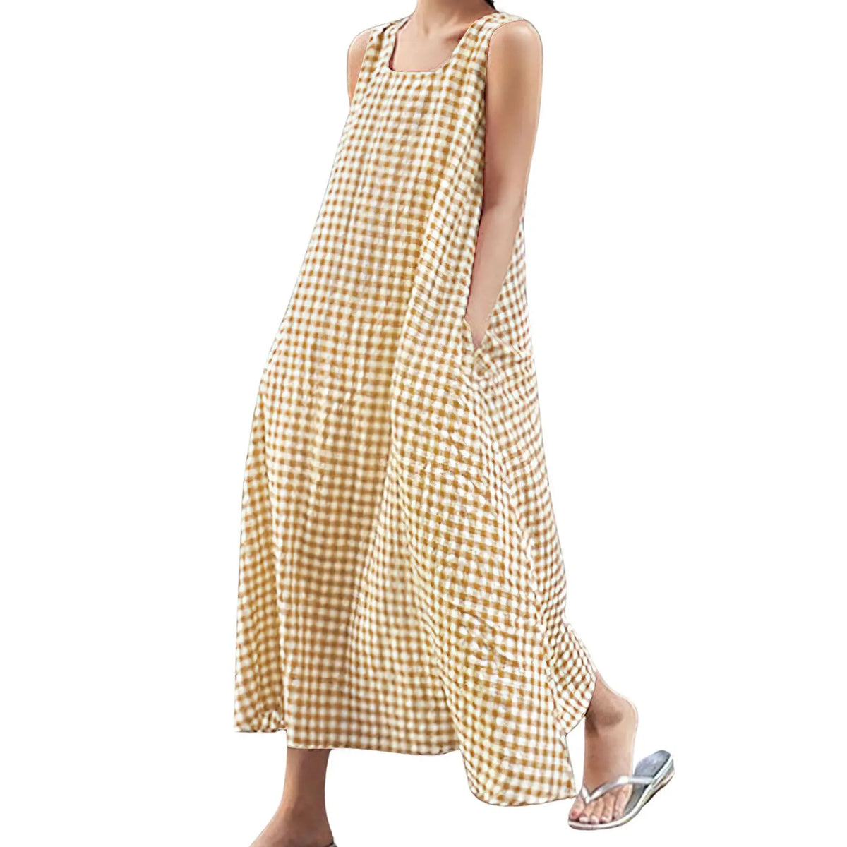 CHOUYATOU Boho Clothes for Women, Lady's Plaid Cotton Sundresses, Loose Fit Maxi with Spaghetti Straps and Pockets, Casual Wear, Chic, Sundresses For Women, Maxi Dress For Women
