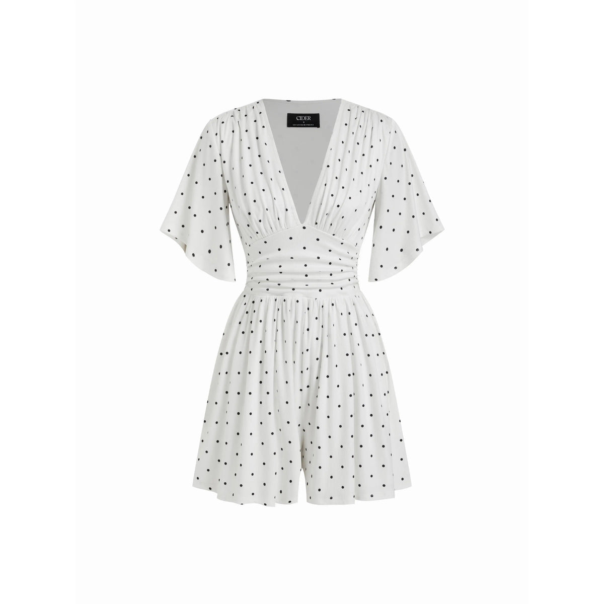 Cider Textured V-neck Ruched Mid Rise Bell Sleeve Ribbed Fabric Romper with Pockets Womenswear Basic Minimalist Jumpsuit