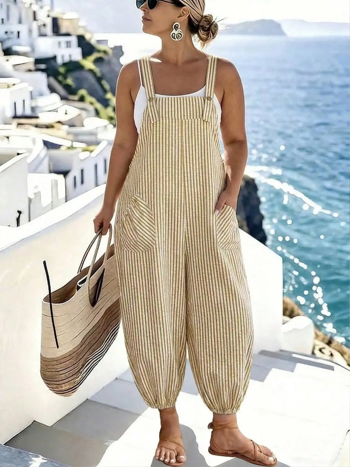[Plus Size] Geometric Fitted Overalls Jumpsuit, Casual Comfy Sleeveless Jumpsuit for Daily Wear, Women's Plus Womenswear Clothing for All Seasons, Overall Jumpsuits