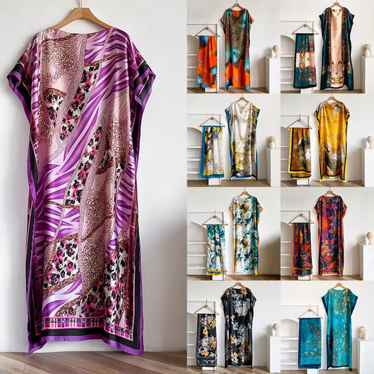 Women's 2-Piece Essential Bohemian Robe Set - Casual Matching Floral Print Long Dress, Headscarf Hairband, Beach Shawl Accessory, All-Season Boho Elegance