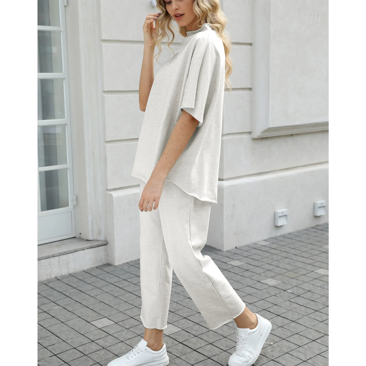 Hixiaohe Women's 2-Piece Casual Trendy Clothing Set - 3/4 Batwing Sleeve Capelet Crew Neck Pullover Top, Wide Leg Pants, Pocket Convenience, Travel-Friendly Sohochic Soft Women's Suits & Sets