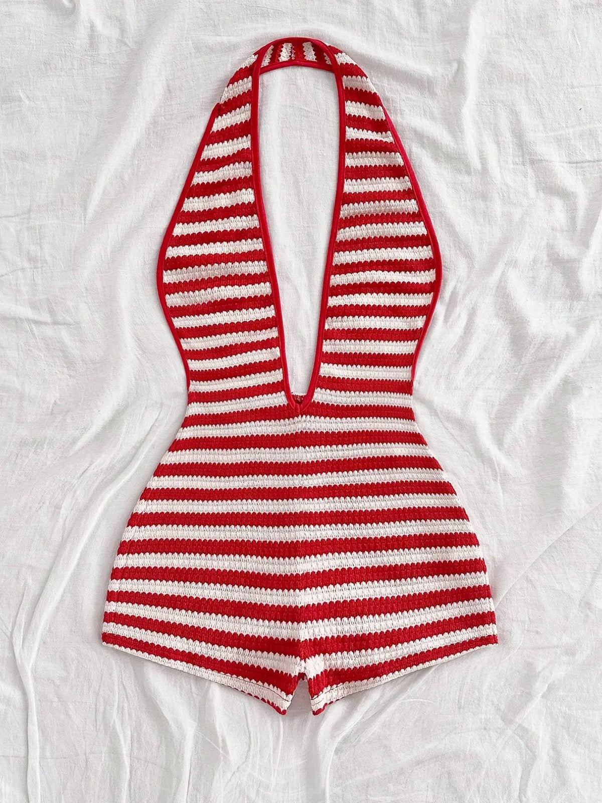 Women's New Fashion Comfortable Versatile Casual Deep V Neck Halter Striped Knit Chic Romper Vest Jumpsuit Shorts Set, Stylish All-Season Wear, Womenswear