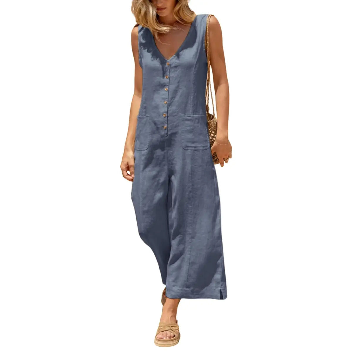 UANEO Women Cotton Linen Jumpsuits Button Down Solid Sleeveless Casual Wide Leg Rompers with Back Tie Adjustable Waist Loose Fit Overall Pockets Summer Fall Womenswear Minimalist Style
