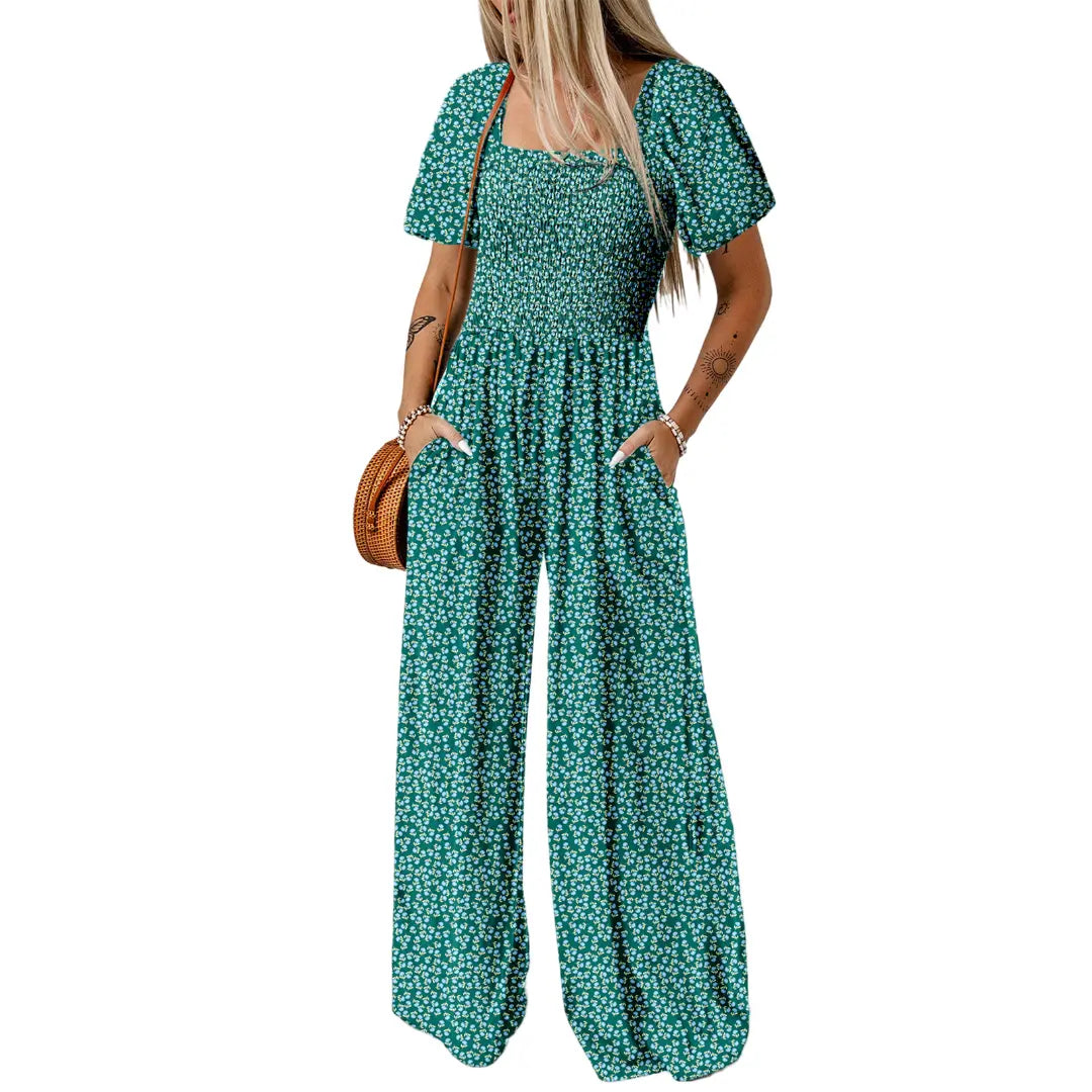 Dokotoo Square Neckline Stretch Waistband Printed Jumpsuit - Womenswear Casual Chic Comfortable Summer Boho