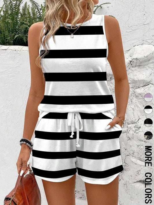 Two-piece Set Women's Striped Print Tank Top & Shorts, Striped Knit Sets, Casual Sleeveless Lightweight Top & Shorts for Summer, Ladies Clothes Outfit for Daily Wear, Casual Everyday Set, Womenswear