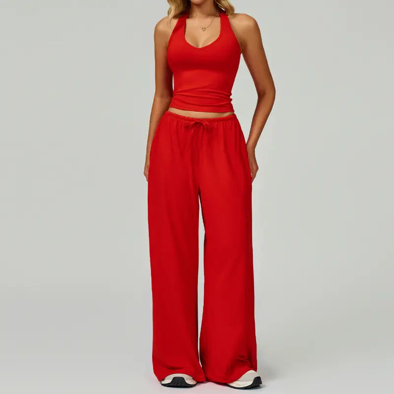 Nvwaurban Women's 2-Piece Fitted Athleisure Outfits, Summer Ribbed Fabric Set with V-Neck Strappy Open-Back Top & Wide Leg Pants, Breathable Everyday Active Lounge Wear for Gym & Travel, Sports Clothing Set for Back to School
