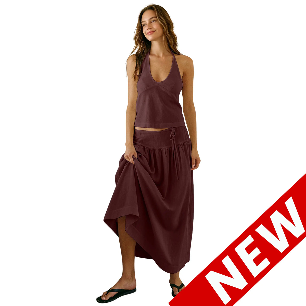 YeeZaa 2 Piece Linen Skirt Set for Women 85%Cotton & 15%Linen Summer Outfits Sandshell Linen Skirt Set Sleeveless Halter Open Back Top Maxi Skirt Two Piece Sets with Pockets Cotton Blend Resort Vacation Casual Beach Travel Wear