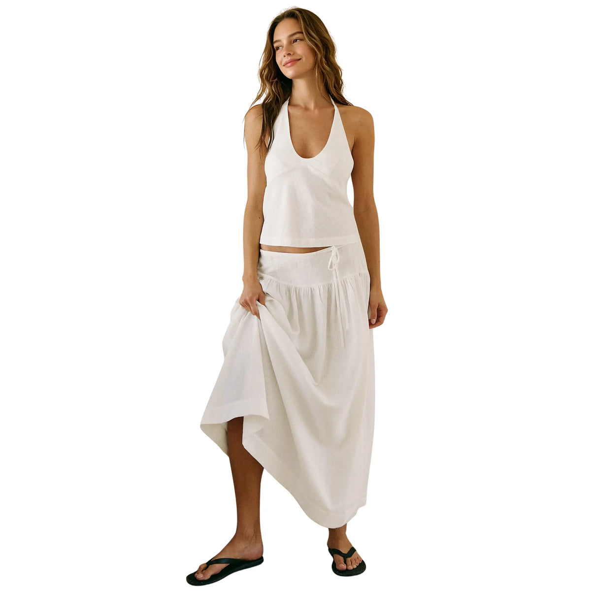 YeeZaa 2 Piece Linen Skirt Set for Women 85%Cotton & 15%Linen Summer Outfits Sandshell Linen Skirt Set Sleeveless Halter Open Back Top Maxi Skirt Two Piece Sets with Pockets Cotton Blend Resort Vacation Casual Beach Travel Wear