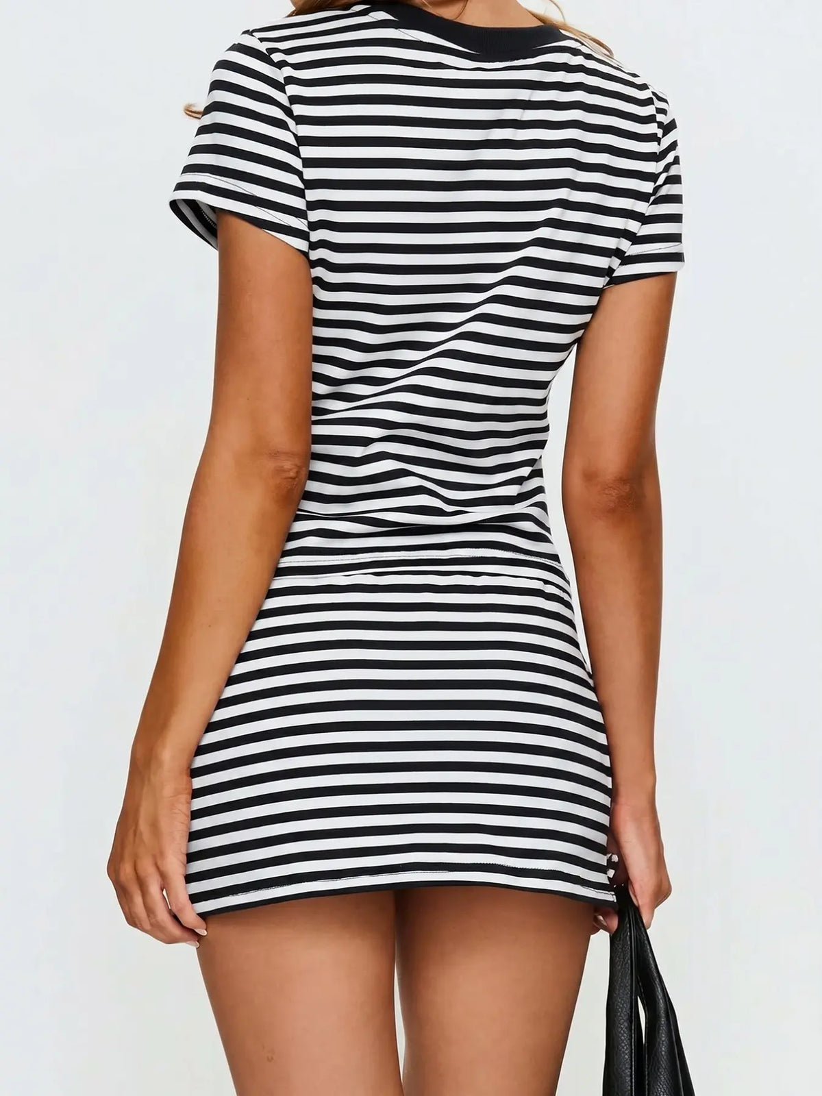 Soft Stretch Striped Casual Two-Piece Set, Slim Fit Short Round Neck T-Shirt & High Waist Adjustable Drawstring Skirt, Versatile Home & Skirt and top set