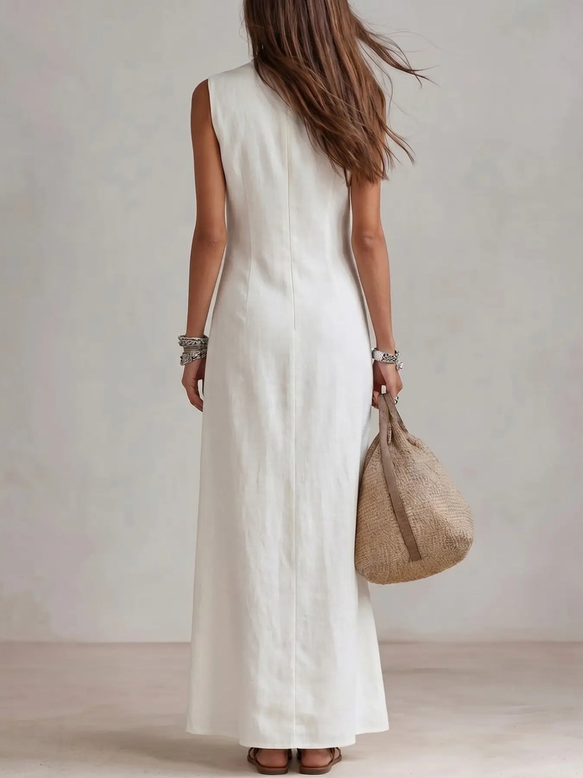 Stand Collar Sleeveless V Neck Waist Cinch Split Long Dress, Elegant Casual Vacation Dress, Minimalist Style for Spring Summer, Summer Dresses
