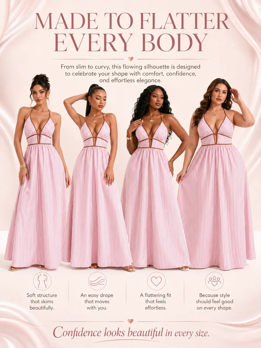 Katch Me Chic Women's Elegant Pinstripe Deep V Neckline Adjustable Halter Maxi Dress,  Summer Lightweight Dresses for Beach Holiday, Comfort Women's Clothing Vneck