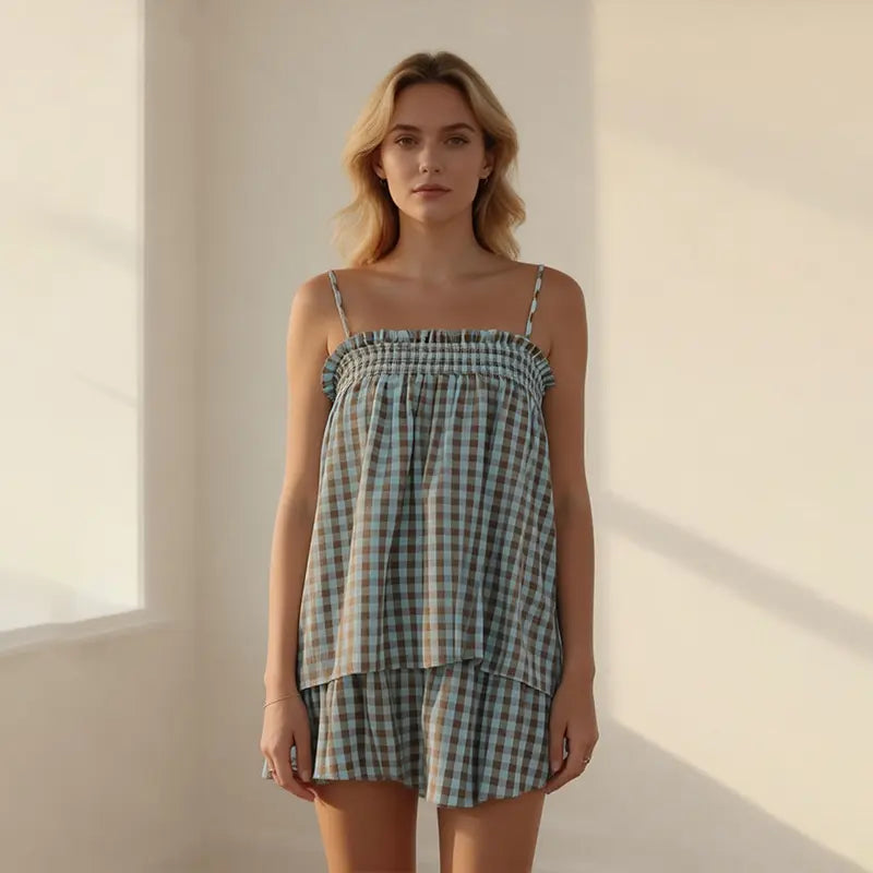 Women's 2 Piece Lounge Outfits Sleeveless Plaid Cami Tank Tops Wide Leg Shorts Sets