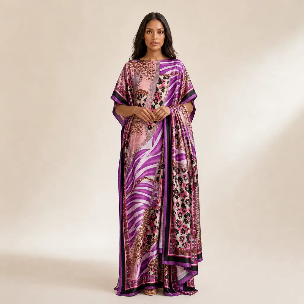 【MOOMOO】Women's Elegant Floral Print Polyester Moo Moo & Matching Scarf Set - Multicolor, Lightweight Boho Loose-Cut Cape Cover Up, Female Swimwear Accessory, 2-Scenario Use (Beach, Loungewear), All Seasons Casual, Fabric Style 03, Sohochic