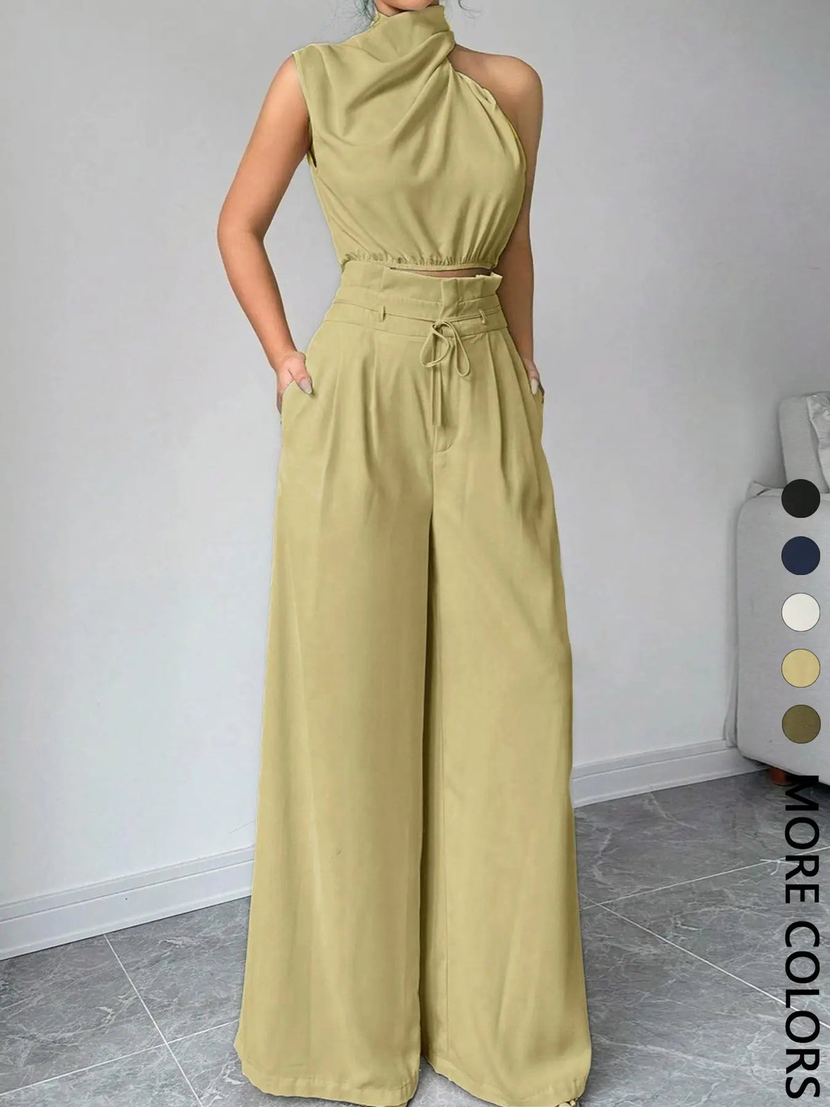 Women's Elegant Asymmetric Top + Wide Leg Pants Two-Piece Set, Everyday Casual Wear, Vacation, Work Commute, Versatile