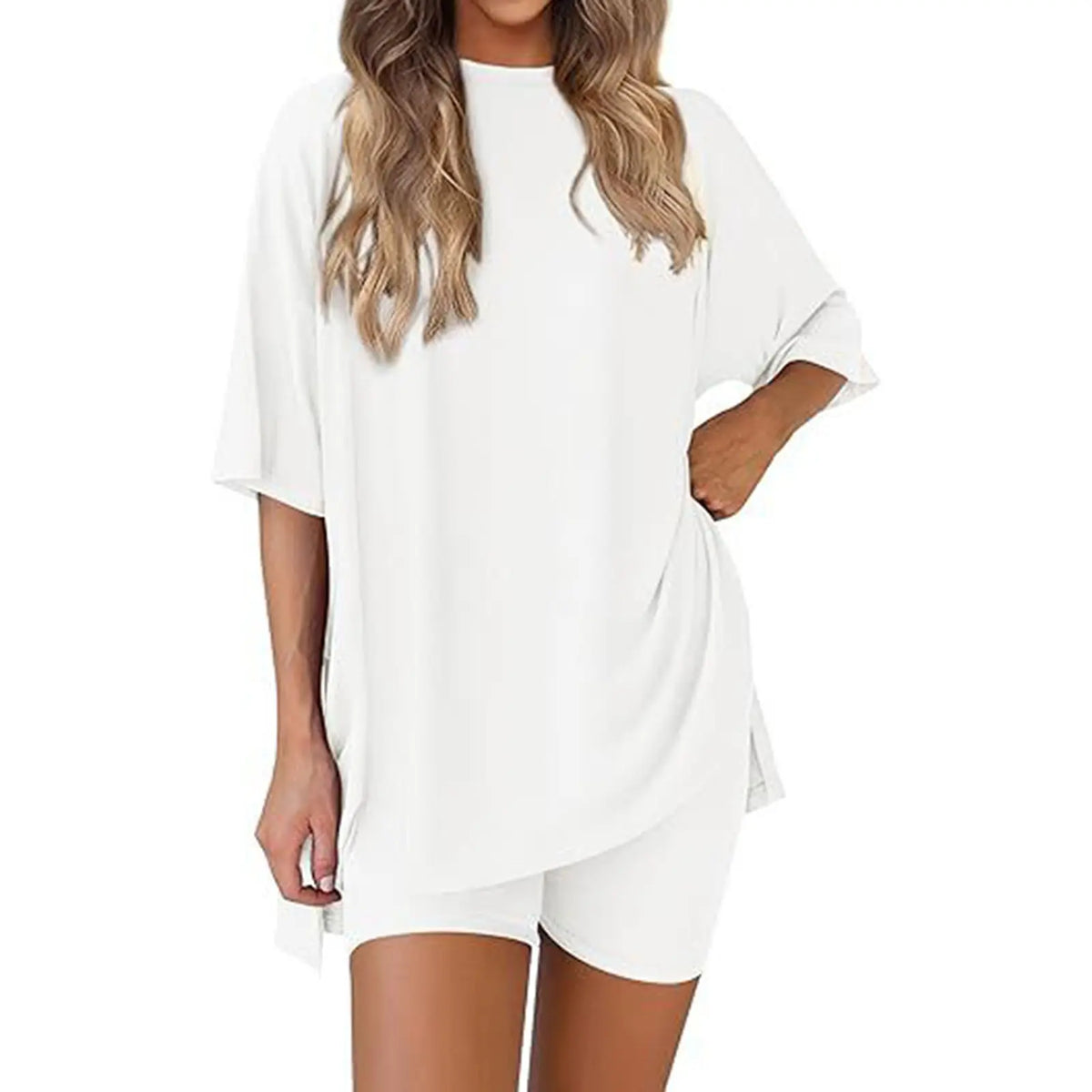 Women's 2-Piece Pajama Set, Loose-Fit Short Sleeve Crew Neck Top and Fitted Biker Shorts, Solid Color Polyester Spandex Loungewear