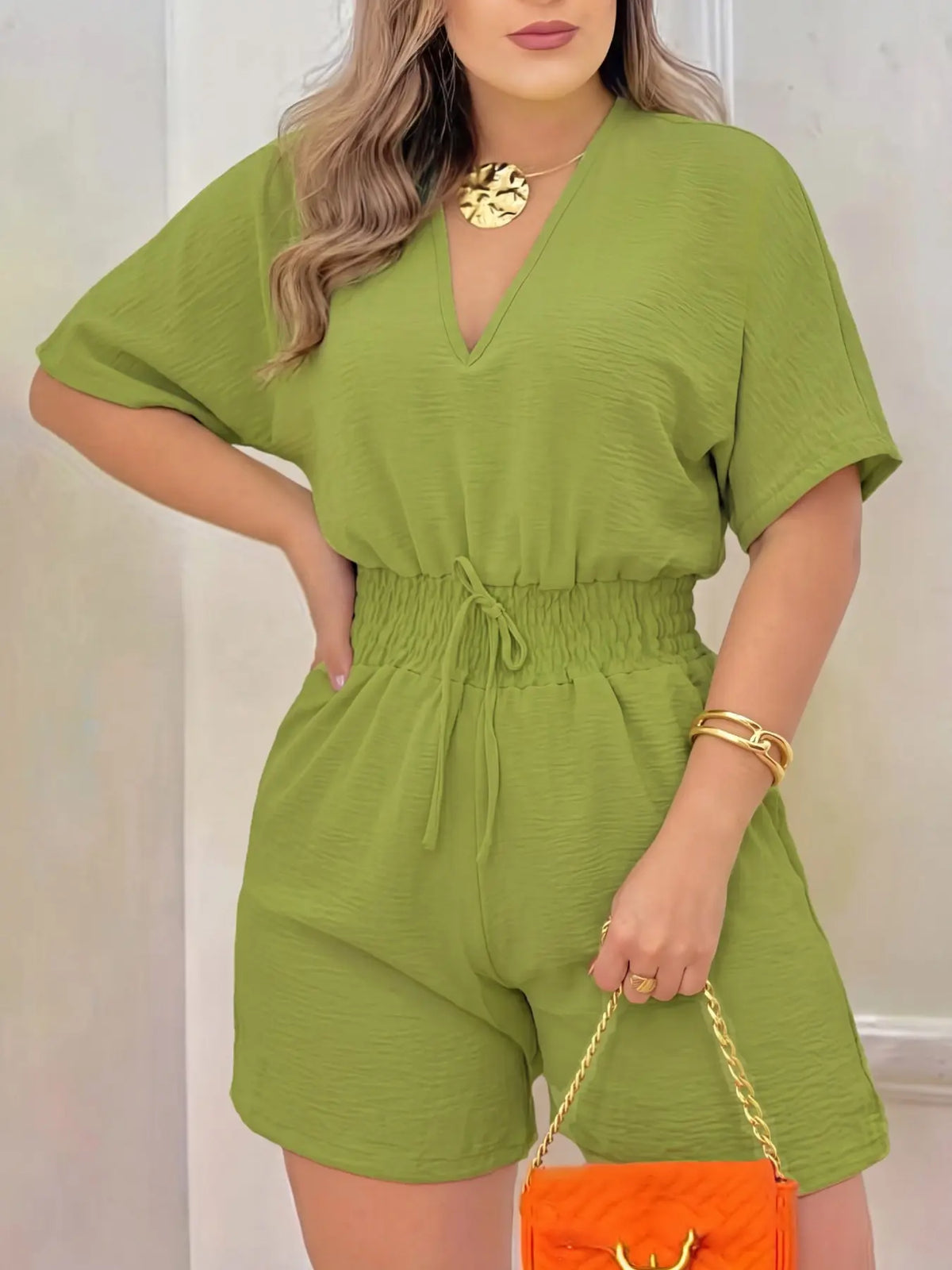 Women's Plain Drawstring Shirred Waist V Neck Romper, Casual Half Sleeve Zipper Back High Waist Romper for Summer, Fashion Women's Clothing for Daily Wear, Casual Rompers