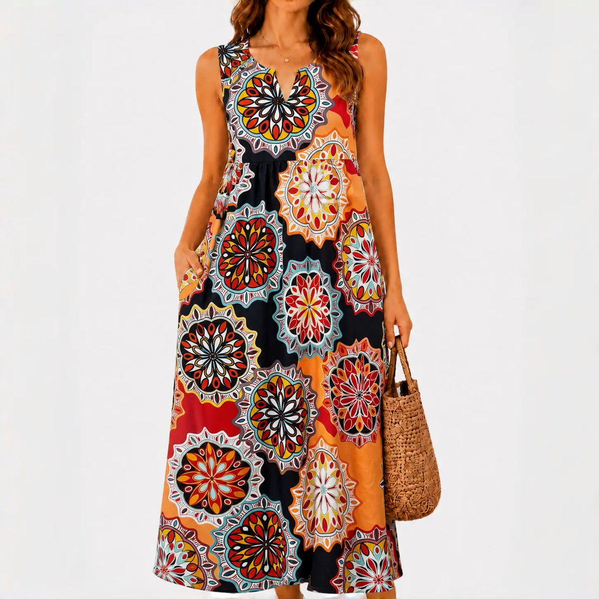 GLAMONIQUE Women's Brown Polka Dot H-Type Maxi Dress - Sleeveless V-Neck Spaghetti Strap, Lightweight Flowy, Side Slit, Adjustable Casual Wear for Outdoor, Vacation
