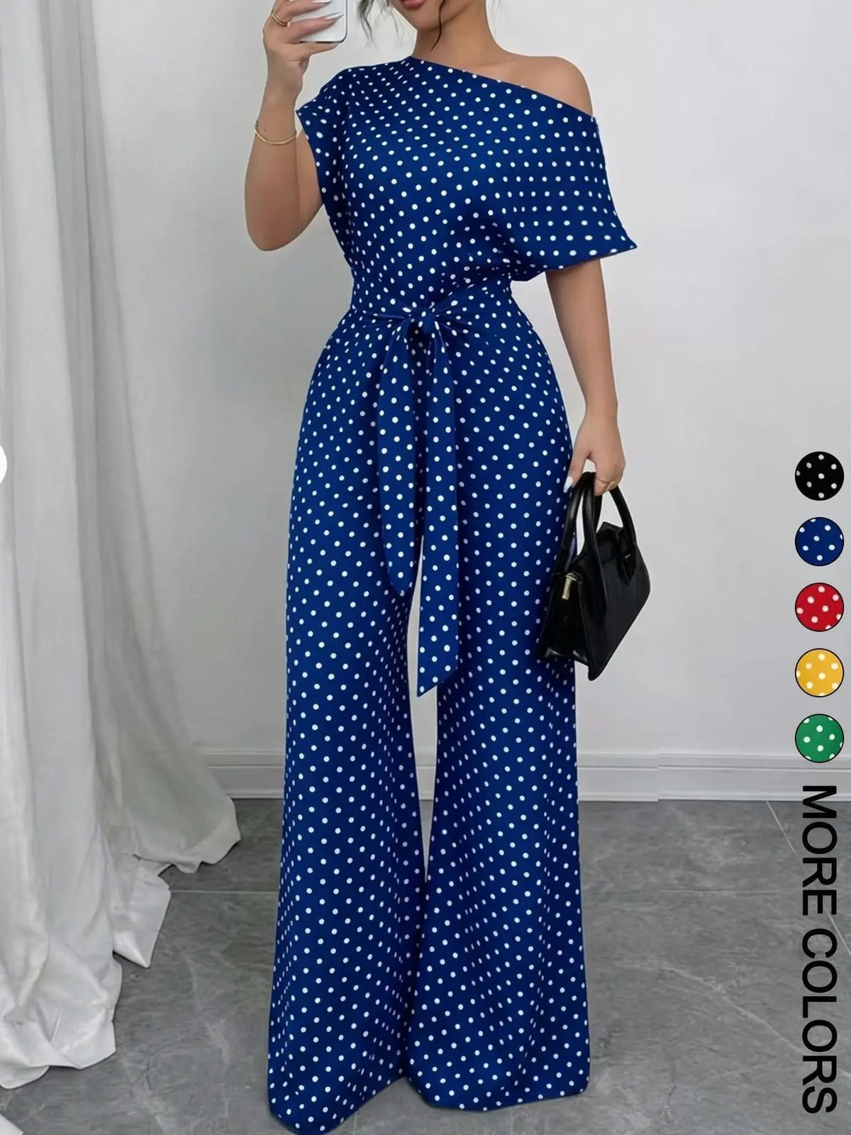 Women's Chic One Piece Jumpsuit, Asymmetrical One‑Shoulder Design, Short Sleeve Cut, Waist Tie for Flattering Silhouette, Palazzo Jumpsuits