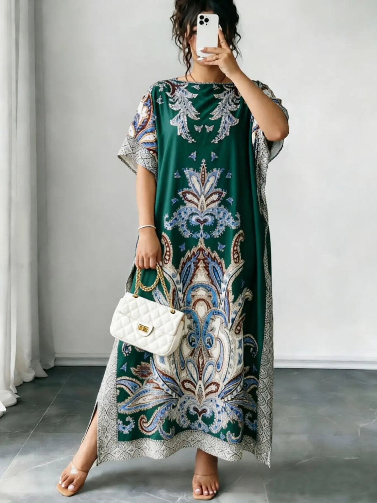 Women's Casual Ethnic Style Loose-Fit Dress, All Over Print, Summer Wear, Beach, Split Hem Design, Ideal for Daily Wear & Vacation, Lightweight