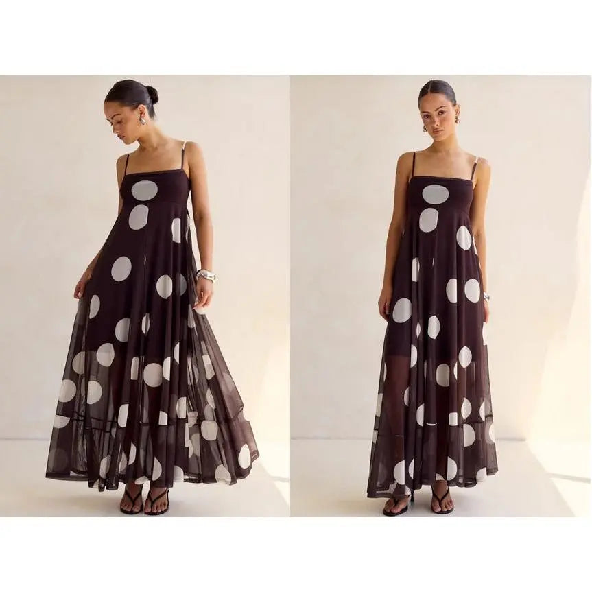 Women's Polka Dot Spaghetti Strap Maxi Dress Square Neck Flowy Mesh Long Dress Casual Party Summer Sundress
