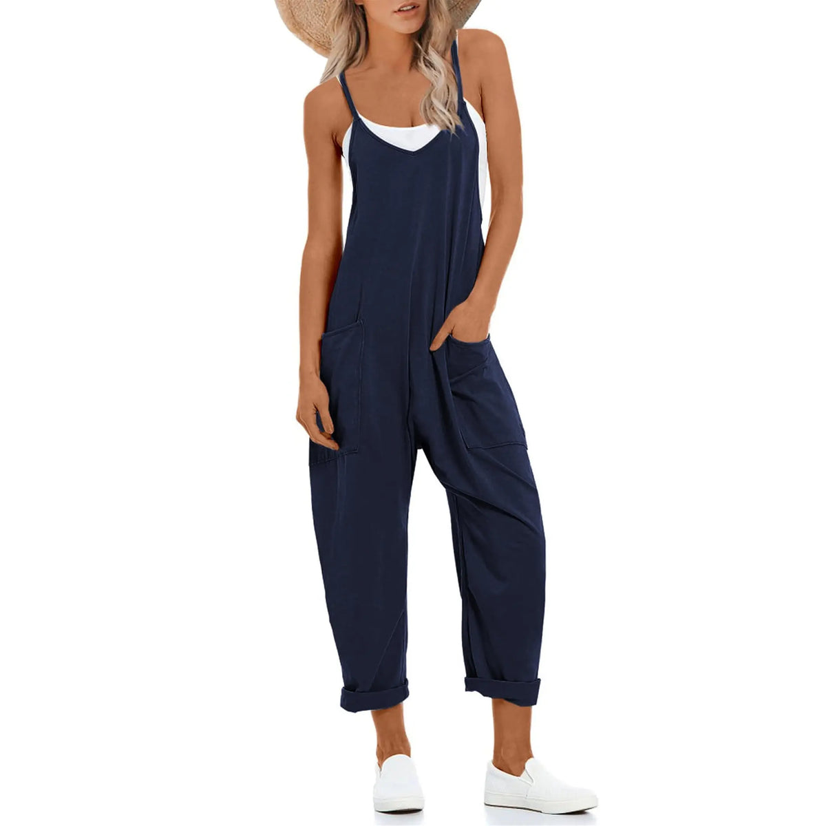 Tanming Lady's Casual Strappy V-Neck Sleeveless Harem Overalls - Stretchy Adjustable Strap Romper with Pockets, Fashion Apparel Clothing for Women, Spring-Summer Statements, Women's Clothes, Clothes For Women