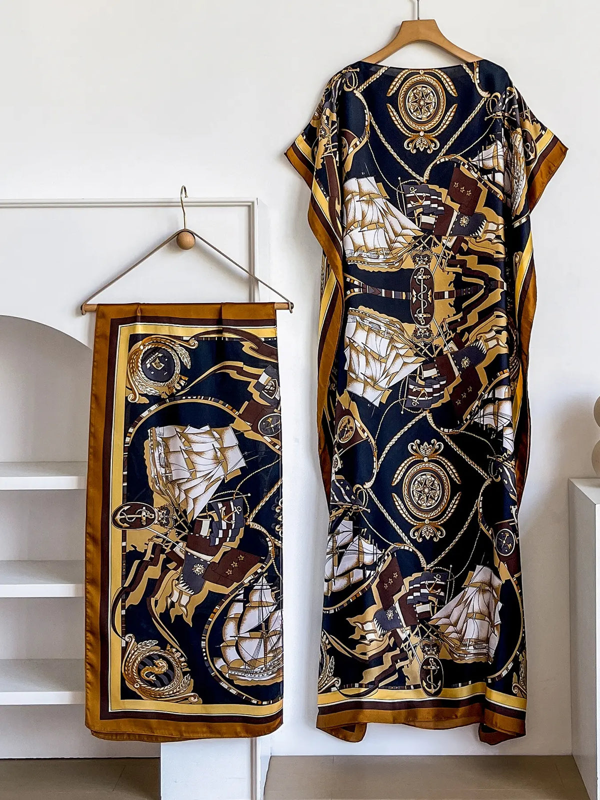 Elegant Dopamine Color Set, Boho Summer Chain Print Muumuu Long Dress Robe, Women's Sun Protection Satin Scarf Shawl