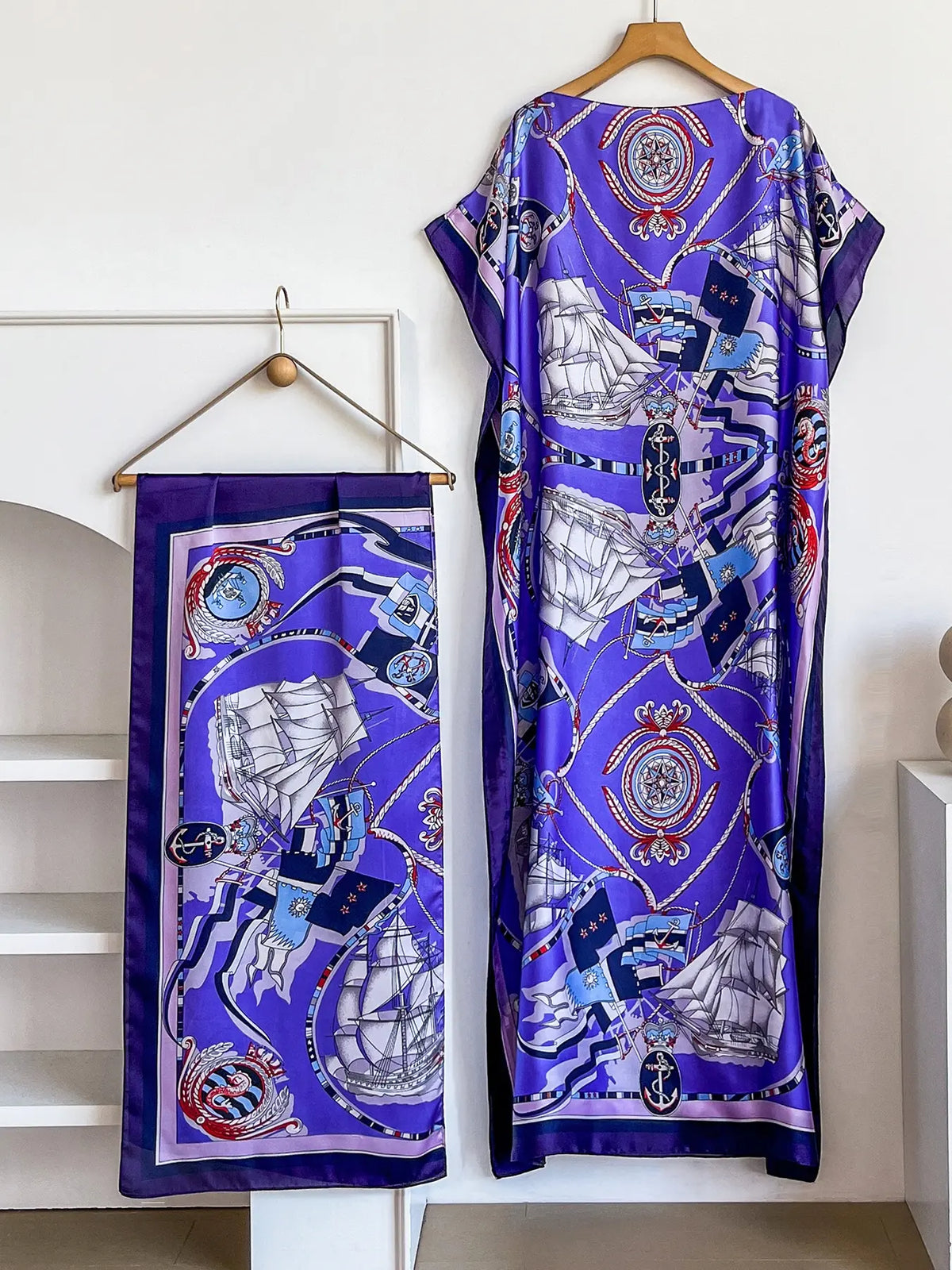 Elegant Dopamine Color Set, Boho Summer Chain Print Muumuu Long Dress Robe, Women's Sun Protection Satin Scarf Shawl