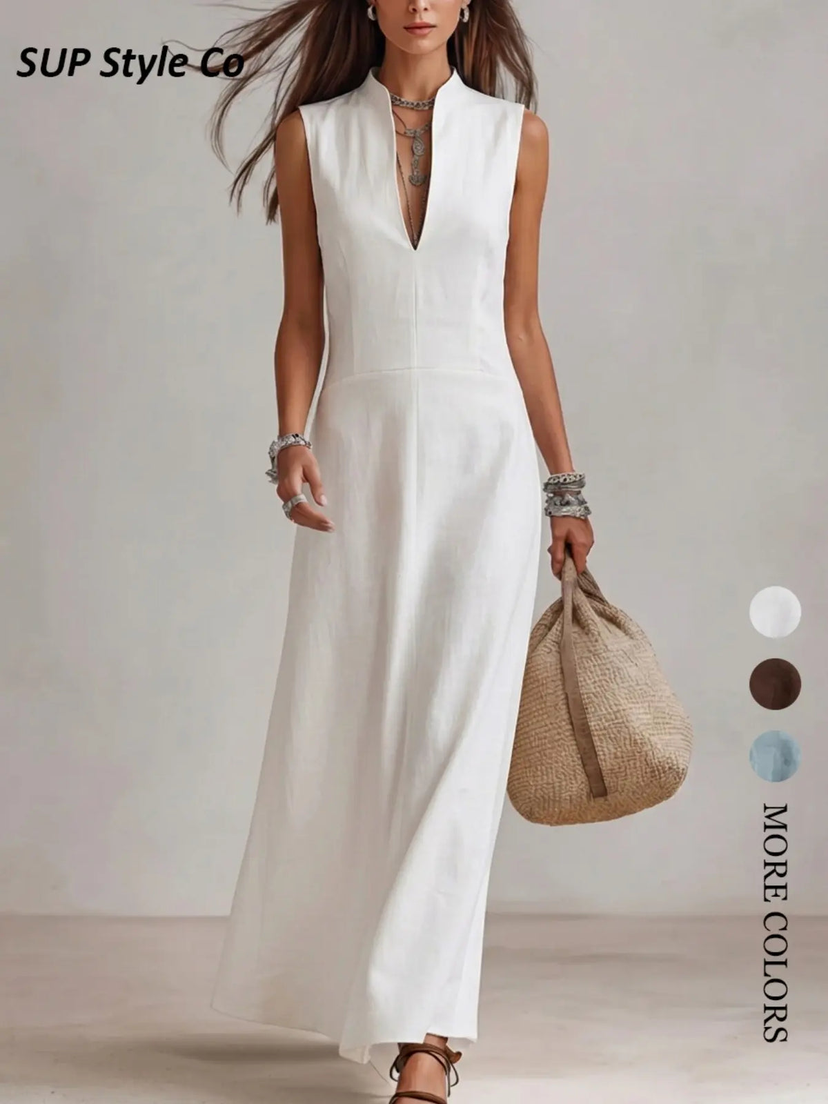 Stand Collar Sleeveless V Neck Waist Cinch Split Long Dress, Elegant Casual Vacation Dress, Minimalist Style for Spring Summer, Summer Dresses