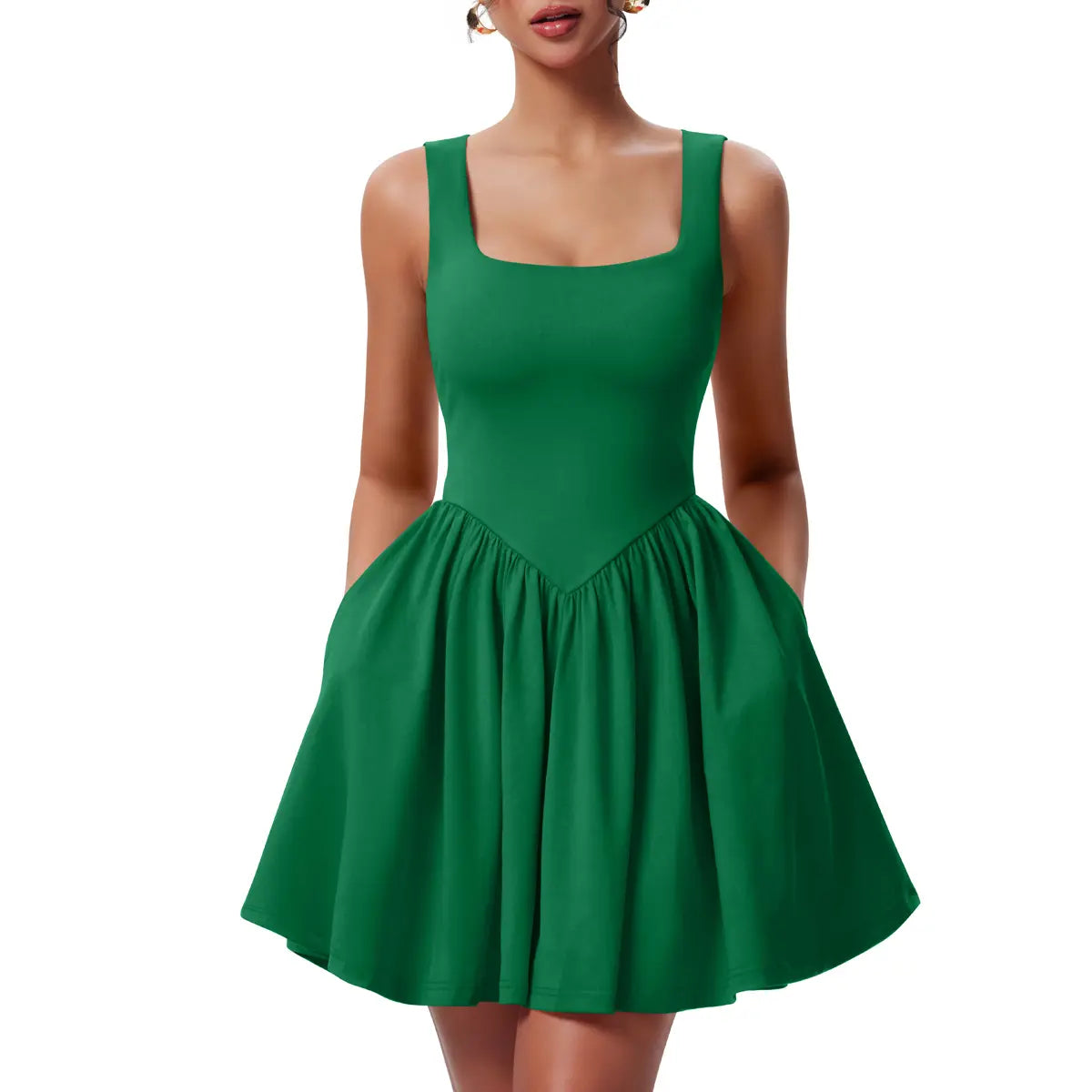 OYS Women's Summer Sleeveless Square Neck A-line Ruffle Hem Mini Tank Dress With Pockets