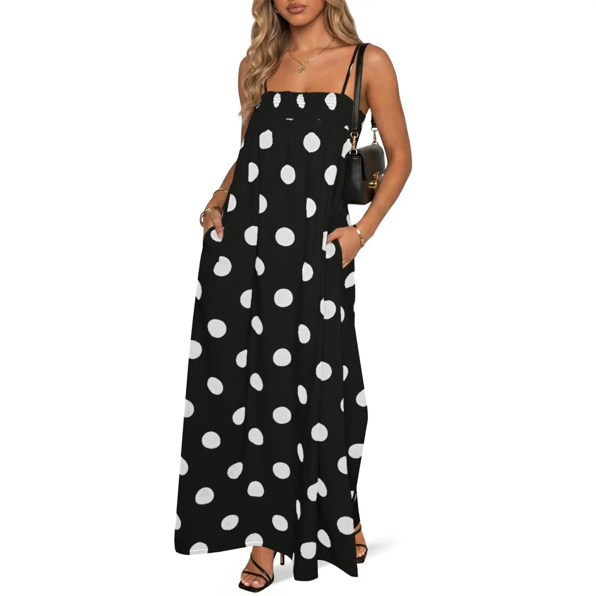 Imily Bela Womens Summer Polka Dot Maxi Dress Casual Spaghetti Strap Smocked Loose Fit Vacation Beach Dresses with Pockets