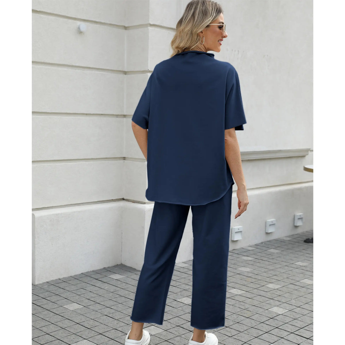 Hixiaohe Women's 2-Piece Casual Trendy Clothing Set - 3/4 Batwing Sleeve Capelet Crew Neck Pullover Top, Wide Leg Pants, Pocket Convenience, Travel-Friendly Sohochic Soft Women's Suits & Sets