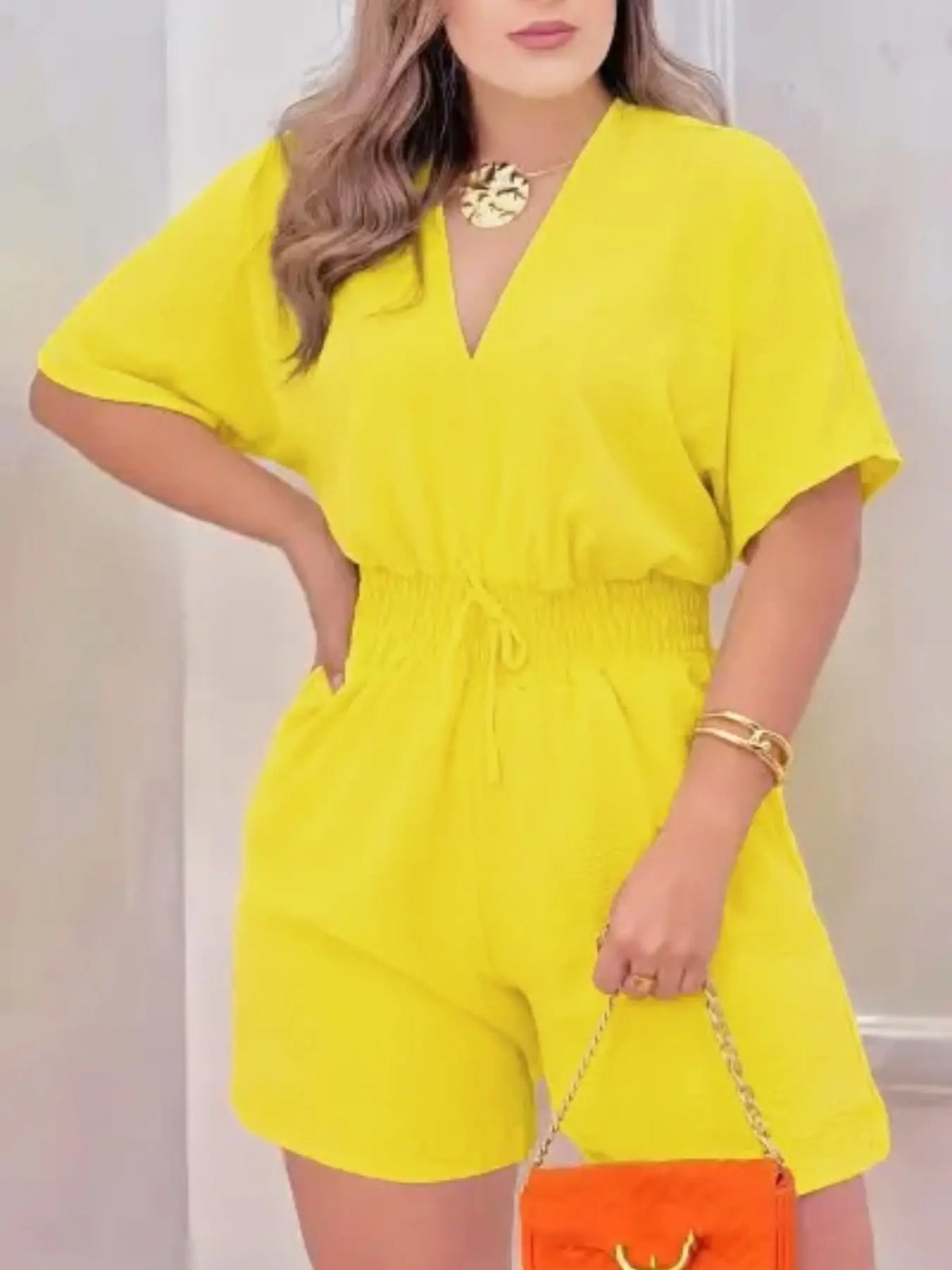 Women's Plain Drawstring Shirred Waist V Neck Romper, Casual Half Sleeve Zipper Back High Waist Romper for Summer, Fashion Women's Clothing for Daily Wear, Casual Rompers