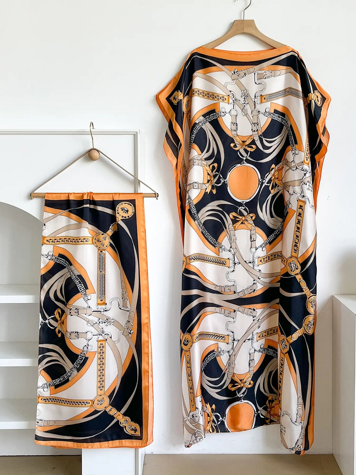 Elegant Dopamine Color Set, Boho Summer Chain Print Muumuu Long Dress Robe, Women's Sun Protection Satin Scarf Shawl