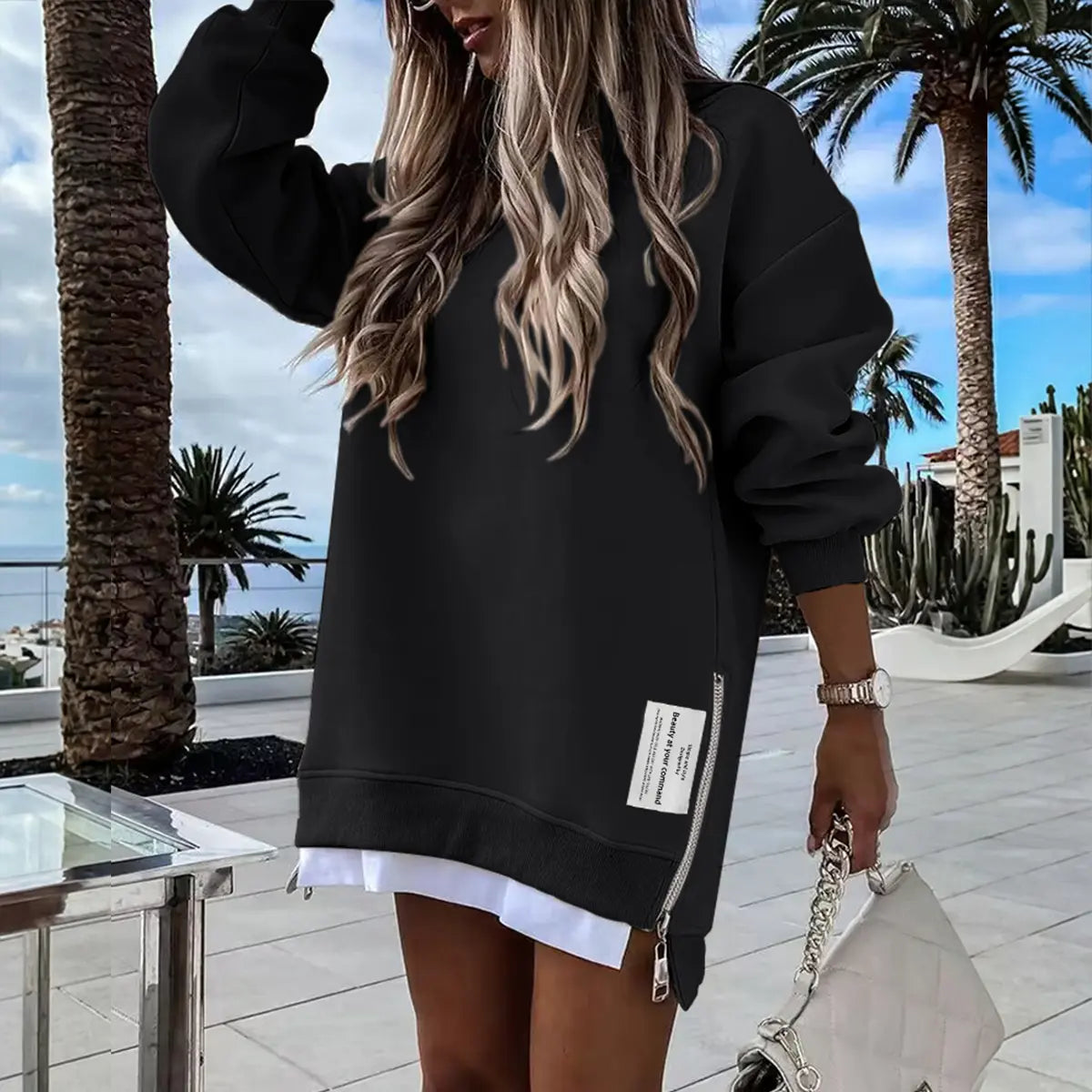 CHICME 2026 Women's Oversized Fall Long Sleeve Pullover Sweatshirt Zipper Slit Casual Dress Drop Shoulder Outfits