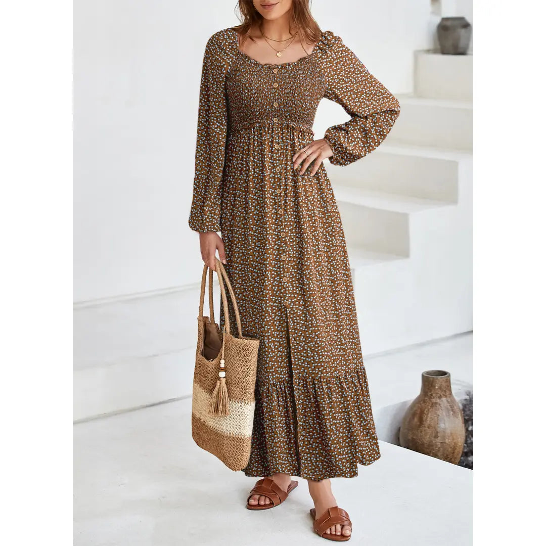 Dokotoo Womens Dresses Boho Floral Smocked Empire Waist Square Neck Long Sleeve Button Maxi Dress Beach Vacation Sundresses