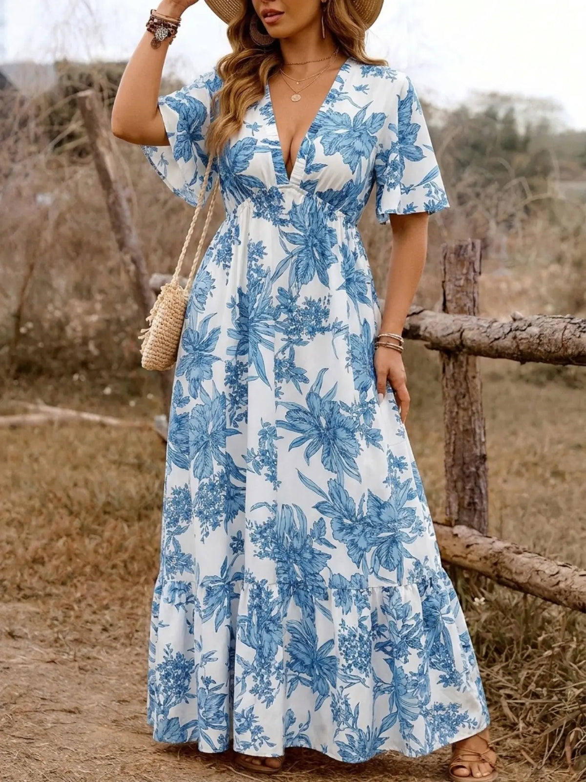 Plus Size All-Over Floral Print Dress, Casual Chic V-Neck Dress for Daily Wear, Holiday & Vacation, Boho Style Women's Clothing for Summer, Bohemian Style