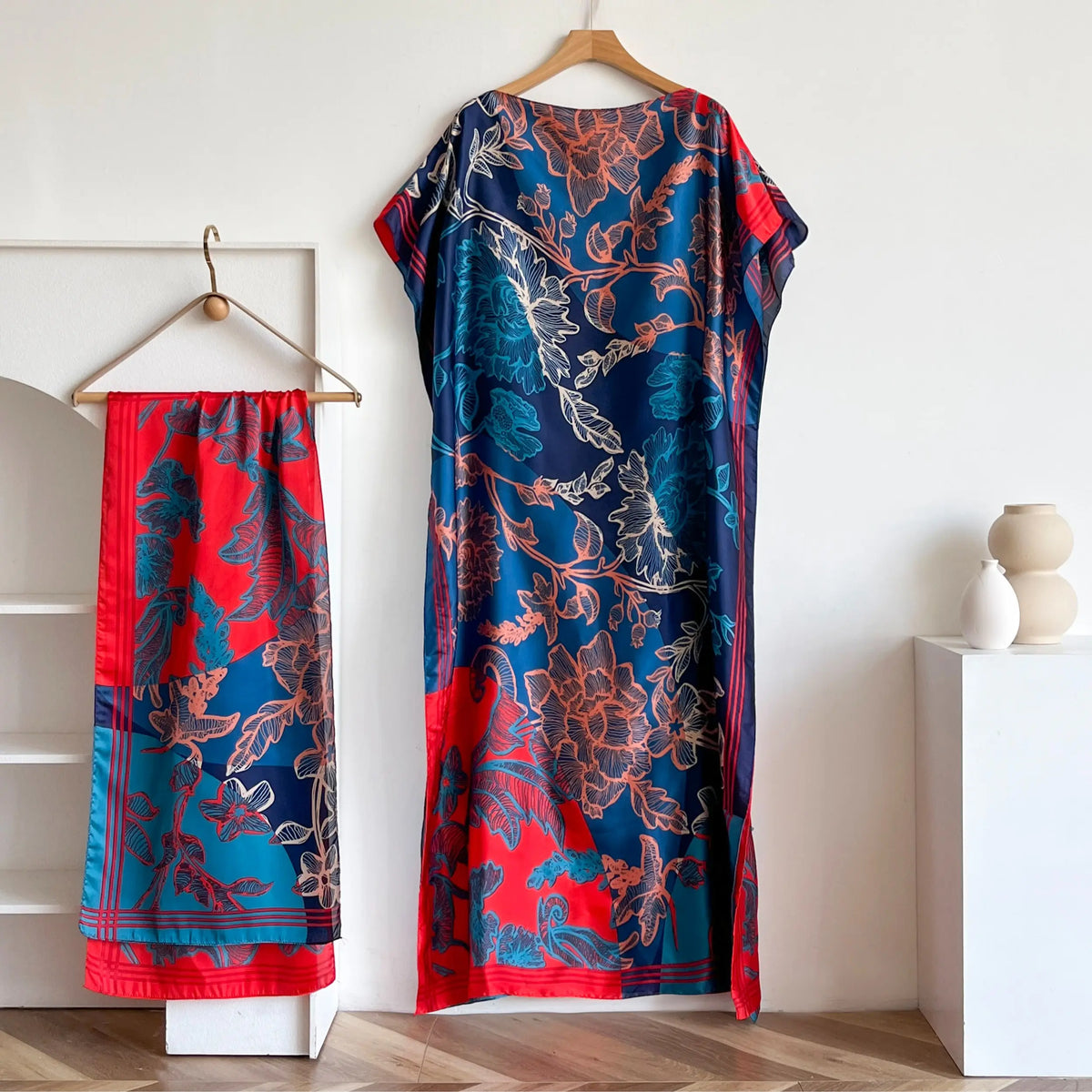 Women's 2-Piece Essential Bohemian Robe Set - Casual Matching Floral Print Long Dress, Headscarf Hairband, Beach Shawl Accessory, All-Season Boho Elegance