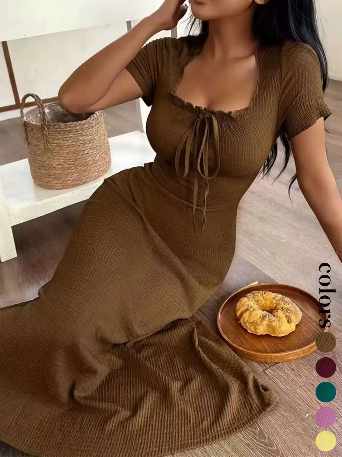 Women's Casual Long Dress Ruched, Slim Fit Short Sleeves Square Neckline Plain Design Basic Summer Dresses, Perfect for Daily Wear & Stylish, Ideal Gift Choice Womenswear Lady, Piece