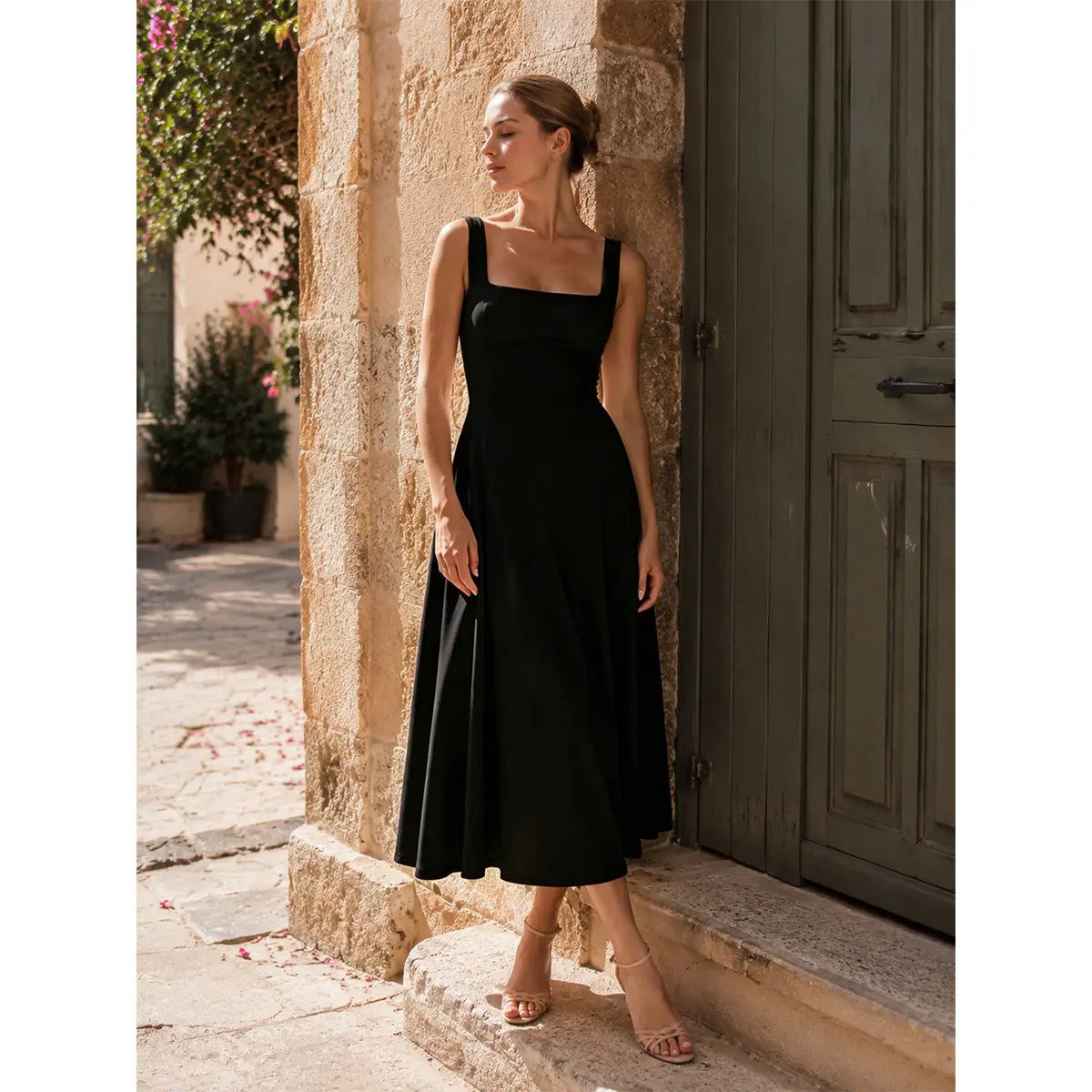 OYS Women's Casual Sleeveless Square Neck A-Line Solid Slim Flowy Long Dress with Pockets & Back Tie Detail Design